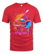 Color Splash Piano Art T-Shirt for Music and Art Lovers - red t-shirt on white background