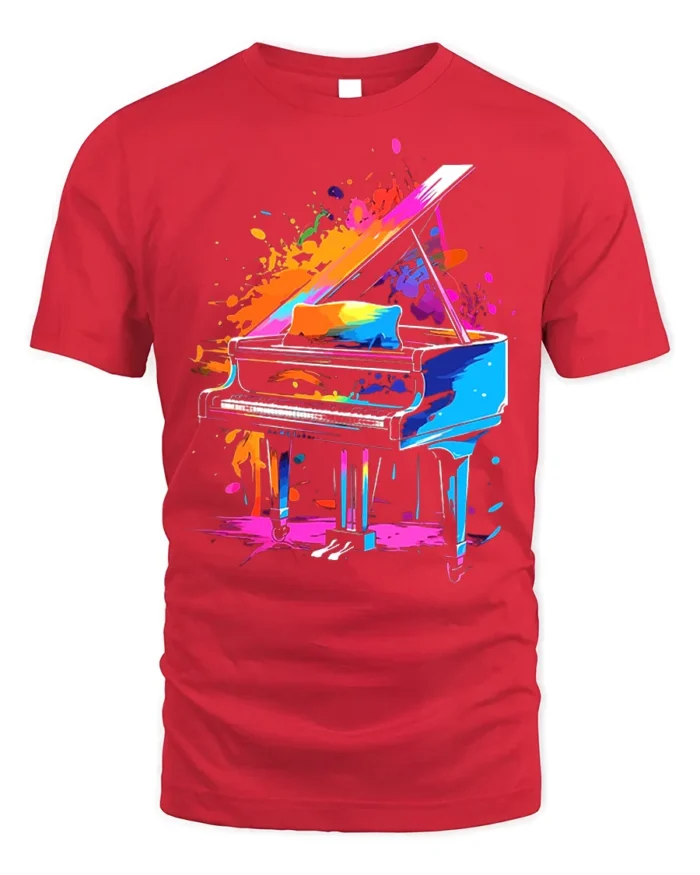 Color Splash Piano Art T-Shirt for Music and Art Lovers - red t-shirt on white background