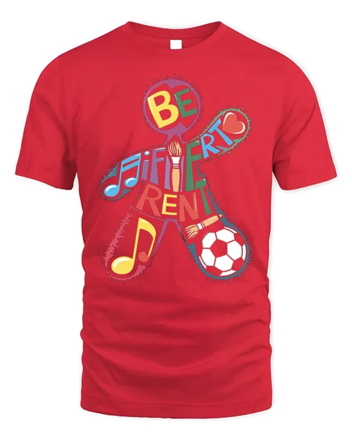 Be Different T-Shirt with Music, Art, and Sports Design - red t-shirt on white background