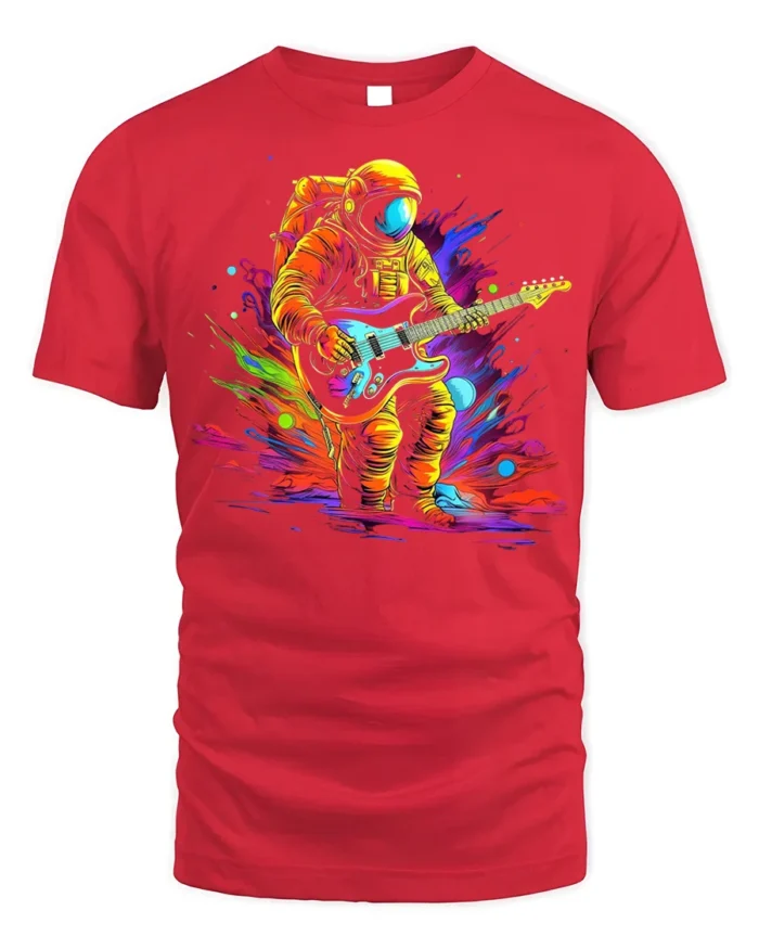 Astronaut Guitar Blast Graphic T-Shirt for Music Lovers - red t-shirt on white background
