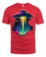 Psychedelic UFO Abduction Graphic T-Shirt for Space Fans - red t-shirt on white background