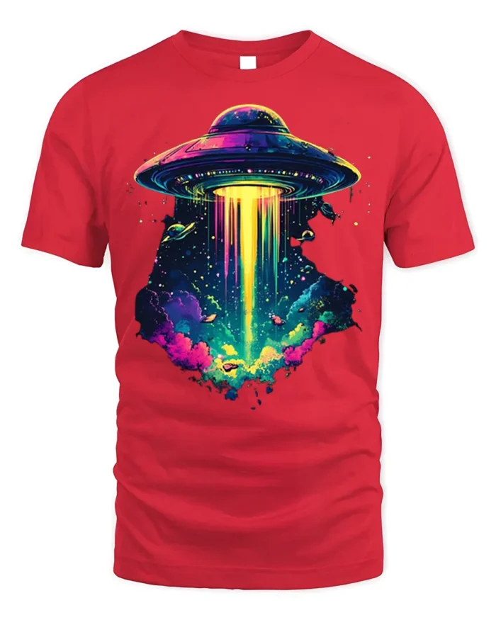 Psychedelic UFO Abduction Graphic T-Shirt for Space Fans - red t-shirt on white background