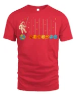 Astronaut Swinging on Planets Funny Space T-Shirt for Adults - red t-shirt on white background