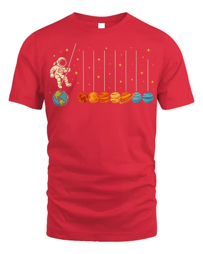 Astronaut Swinging on Planets Funny Space T-Shirt for Adults - red t-shirt on white background