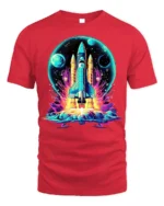 Retro Neon Rocket Launch Graphic T-Shirt for Space Lovers - red t-shirt on white background