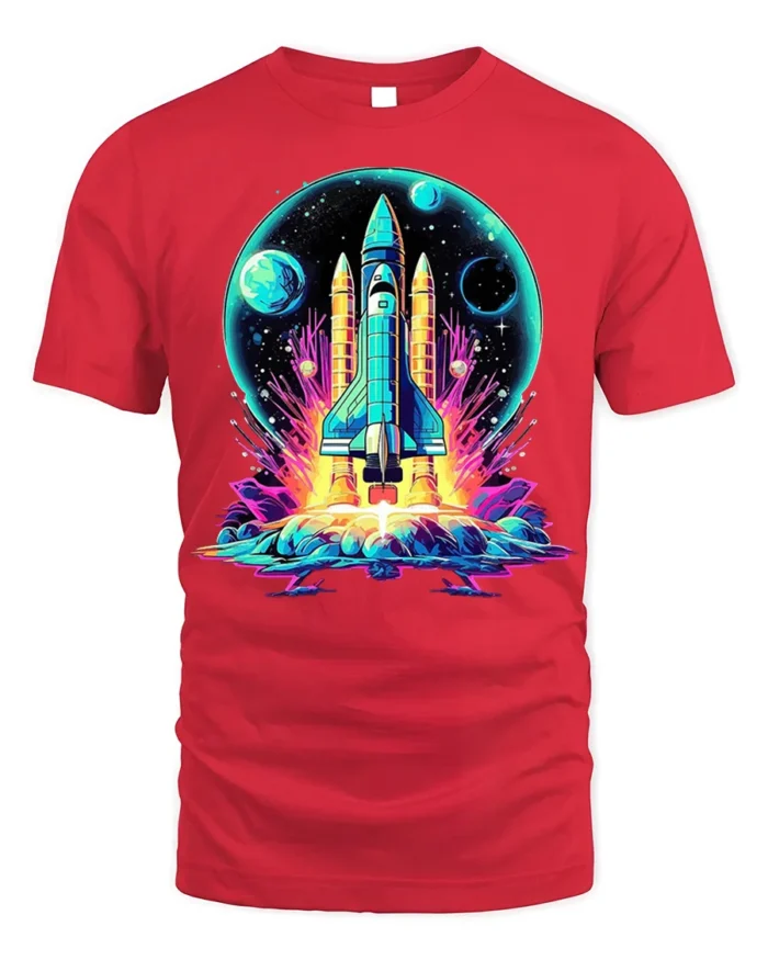 Retro Neon Rocket Launch Graphic T-Shirt for Space Lovers - red t-shirt on white background