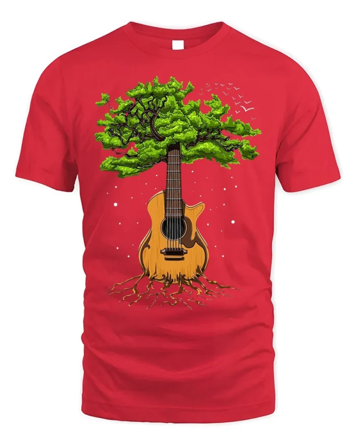 Tree Guitar Nature Music Graphic T-Shirt for Music Lovers - red t-shirt on white background