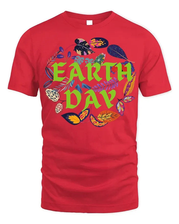 Earth Day T-Shirt with Colorful Leaves Nature Graphic - red t-shirt on white background