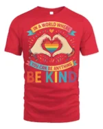 Be Kind Rainbow Heart Pride T-Shirt with Positive Message - red t-shirt on white background