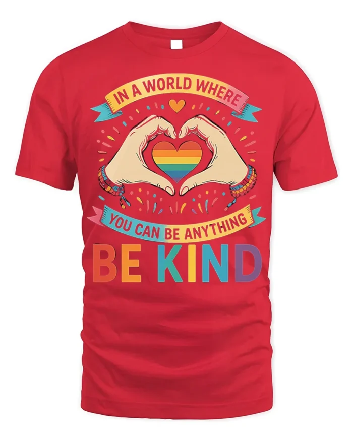 Be Kind Rainbow Heart Pride T-Shirt with Positive Message - red t-shirt on white background
