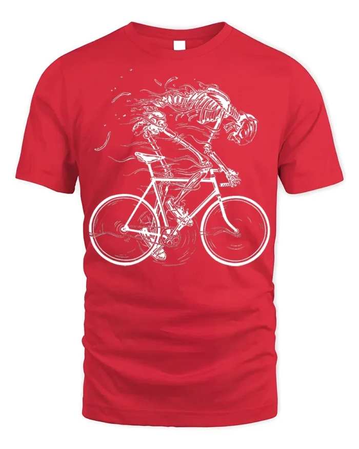 Skeleton Riding Bike T-Shirt for Cyclists and Gothic Fans - red t-shirt on white background