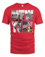 New York City Skyline T-Shirt with Statue and Flag Design - red t-shirt on white background