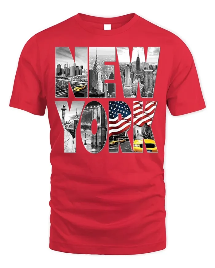 New York City Skyline T-Shirt with Statue and Flag Design - red t-shirt on white background