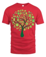 Eco Tree T-Shirt with Green Energy and Sustainability Icons - red t-shirt on white background