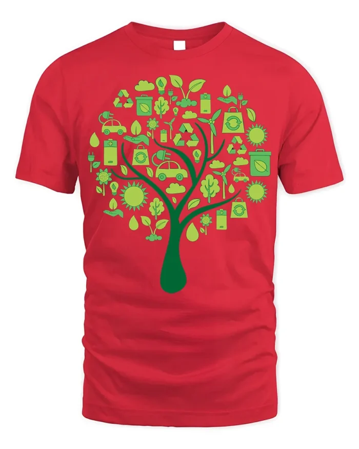 Eco Tree T-Shirt with Green Energy and Sustainability Icons - red t-shirt on white background