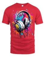 Colorful Headphones T-Shirt for Music Lovers and DJs - red t-shirt on white background