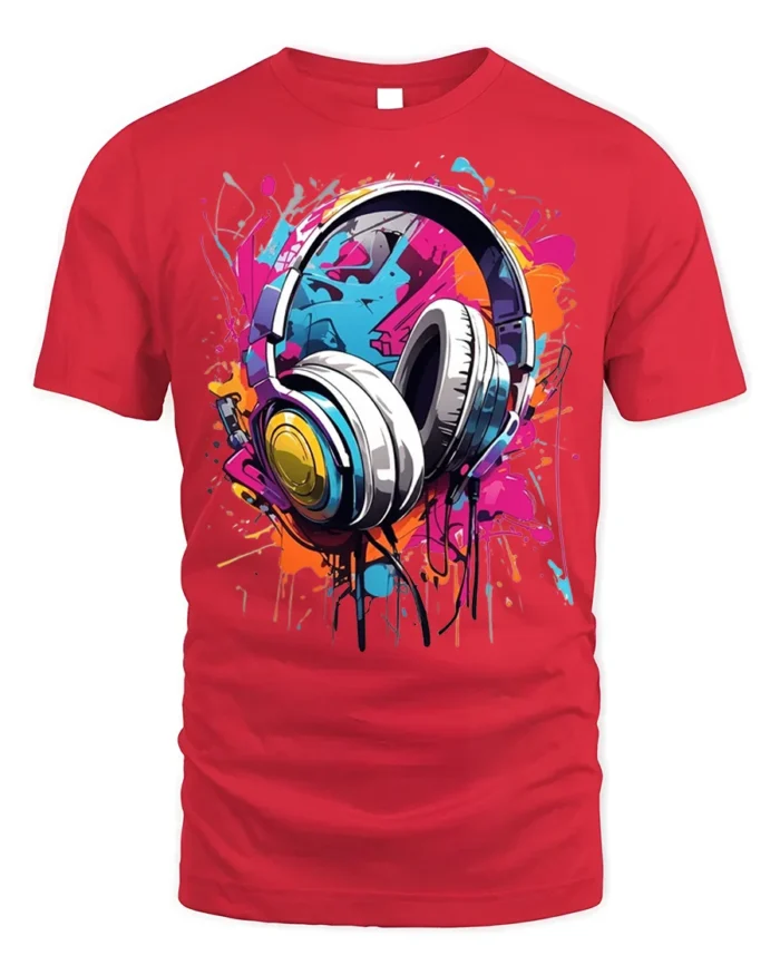 Colorful Headphones T-Shirt for Music Lovers and DJs - red t-shirt on white background