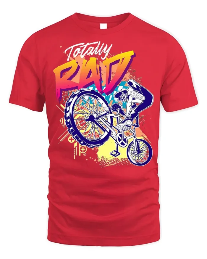 Totally Rad BMX Trick T-Shirt with 80s Retro Vibe Design - red t-shirt on white background