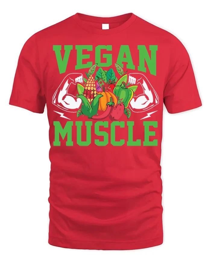 Vegan Muscle T-Shirt with Bold Veggie and Fitness Design - red t-shirt on white background
