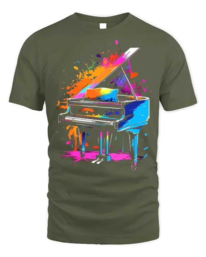 Color Splash Piano Art T-Shirt for Music and Art Lovers - military green t-shirt on white background