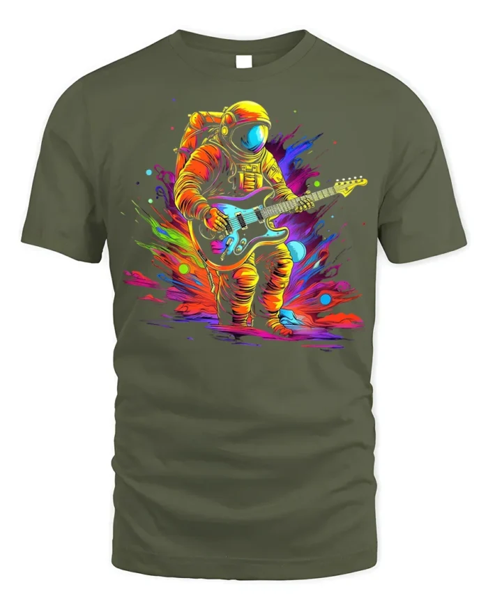 Astronaut Guitar Blast Graphic T-Shirt for Music Lovers - military green t-shirt on white background