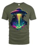 Psychedelic UFO Abduction Graphic T-Shirt for Space Fans - military green t-shirt on white background