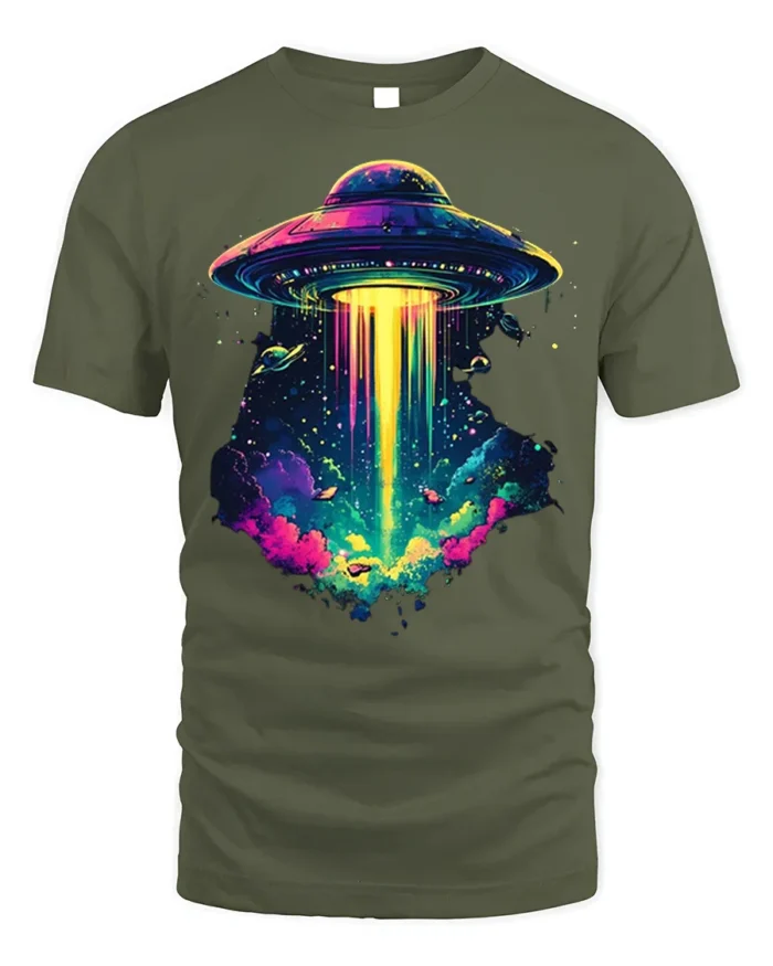 Psychedelic UFO Abduction Graphic T-Shirt for Space Fans - military green t-shirt on white background