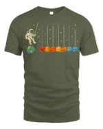 Astronaut Swinging on Planets Funny Space T-Shirt for Adults - military green t-shirt on white background