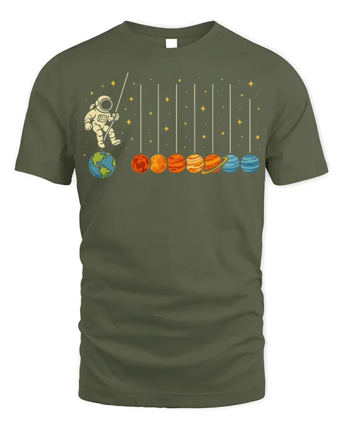 Astronaut Swinging on Planets Funny Space T-Shirt for Adults - military green t-shirt on white background
