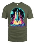 Retro Neon Rocket Launch Graphic T-Shirt for Space Lovers - military green t-shirt on white background