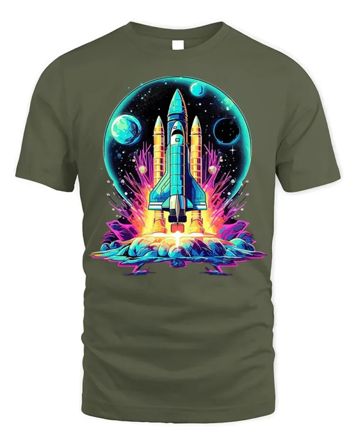 Retro Neon Rocket Launch Graphic T-Shirt for Space Lovers - military green t-shirt on white background