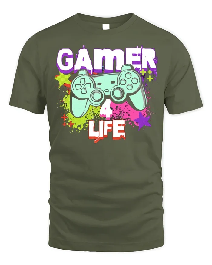 Gamer 4 Life Retro Controller Graphic T-Shirt for Gamers - military green t-shirt on white background