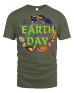 Earth Day T-Shirt with Colorful Leaves Nature Graphic - military green t-shirt on white background