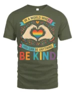 Be Kind Rainbow Heart Pride T-Shirt with Positive Message - military green t-shirt on white background