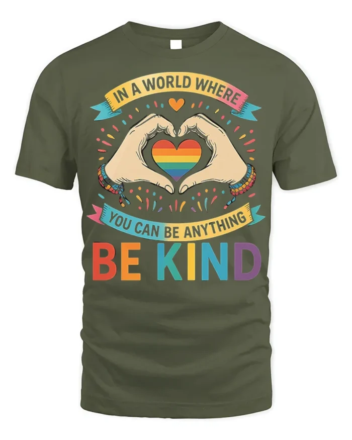 Be Kind Rainbow Heart Pride T-Shirt with Positive Message - military green t-shirt on white background