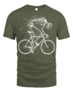 Skeleton Riding Bike T-Shirt for Cyclists and Gothic Fans - military green t-shirt on white background