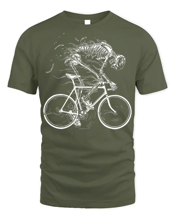 Skeleton Riding Bike T-Shirt for Cyclists and Gothic Fans - military green t-shirt on white background