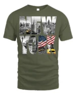 New York City Skyline T-Shirt with Statue and Flag Design - military green t-shirt on white background