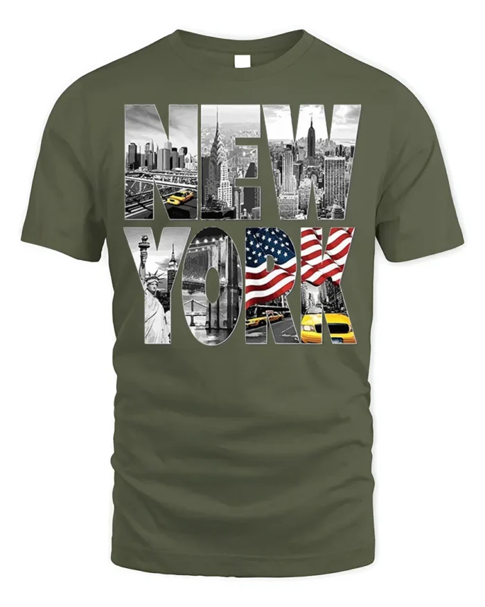 New York City Skyline T-Shirt with Statue and Flag Design - military green t-shirt on white background