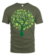 Eco Tree T-Shirt with Green Energy and Sustainability Icons - military green t-shirt on white background