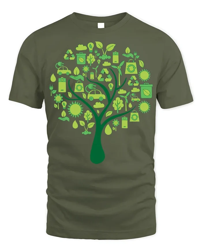 Eco Tree T-Shirt with Green Energy and Sustainability Icons - military green t-shirt on white background
