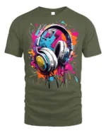 Colorful Headphones T-Shirt for Music Lovers and DJs - military green t-shirt on white background