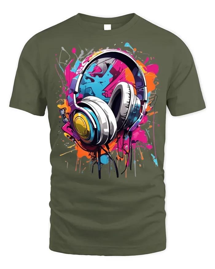 Colorful Headphones T-Shirt for Music Lovers and DJs - military green t-shirt on white background
