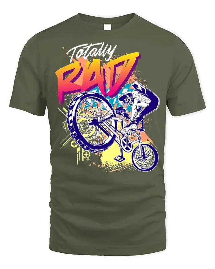 Totally Rad BMX Trick T-Shirt with 80s Retro Vibe Design - military green t-shirt on white background