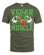 Vegan Muscle T-Shirt with Bold Veggie and Fitness Design - military green t-shirt on white background
