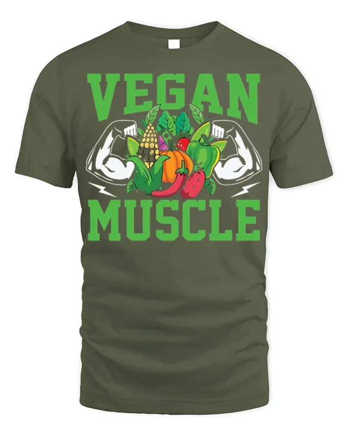Vegan Muscle T-Shirt with Bold Veggie and Fitness Design - military green t-shirt on white background
