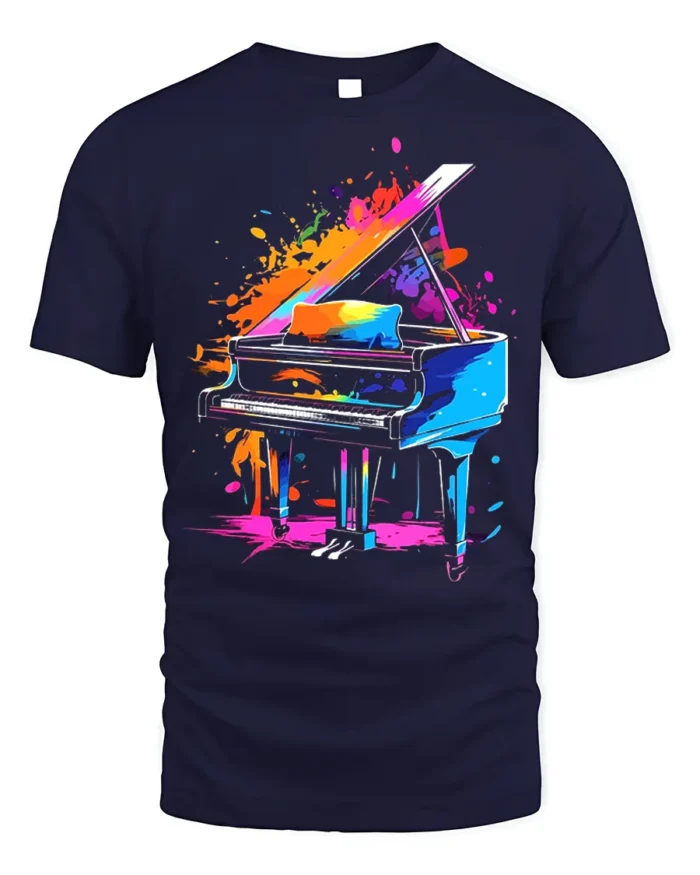 Color Splash Piano Art T-Shirt for Music and Art Lovers - navy t-shirt on white background