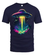 Psychedelic UFO Abduction Graphic T-Shirt for Space Fans - navy t-shirt on white background