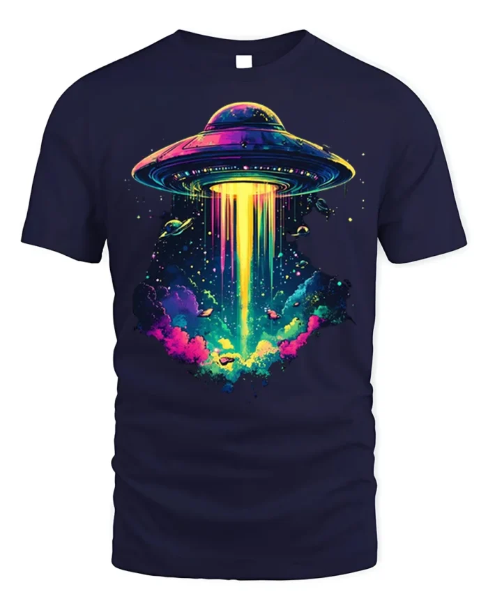 Psychedelic UFO Abduction Graphic T-Shirt for Space Fans - navy t-shirt on white background
