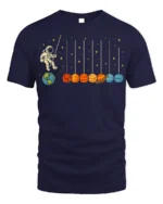 Astronaut Swinging on Planets Funny Space T-Shirt for Adults - navy t-shirt on white background